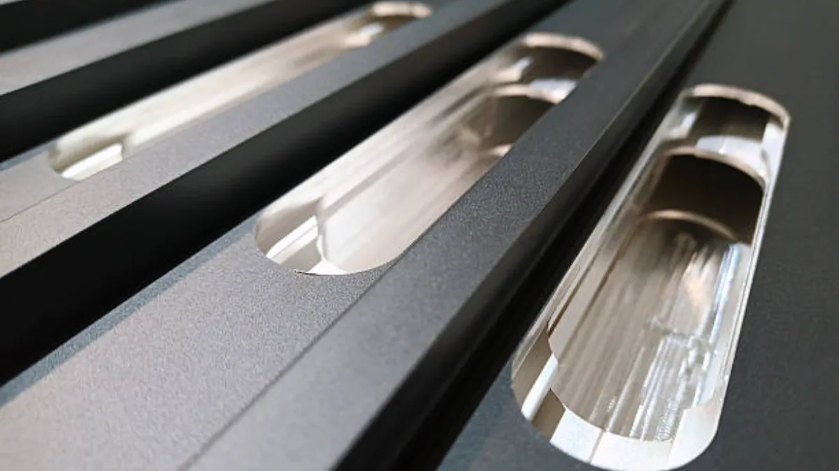 A dark anodized aluminum surface with machined slots revealing bright bare metal underneath