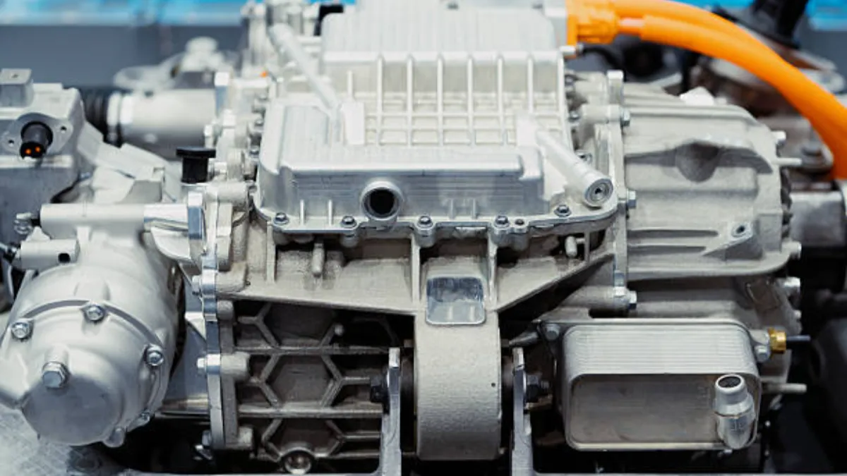 Cutaway of an EV drive unit assembled from die cast aluminum housings