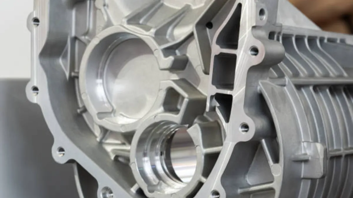 A bare machined die-cast housing with internal bearing bores, cored ribs, and mounting bosses
