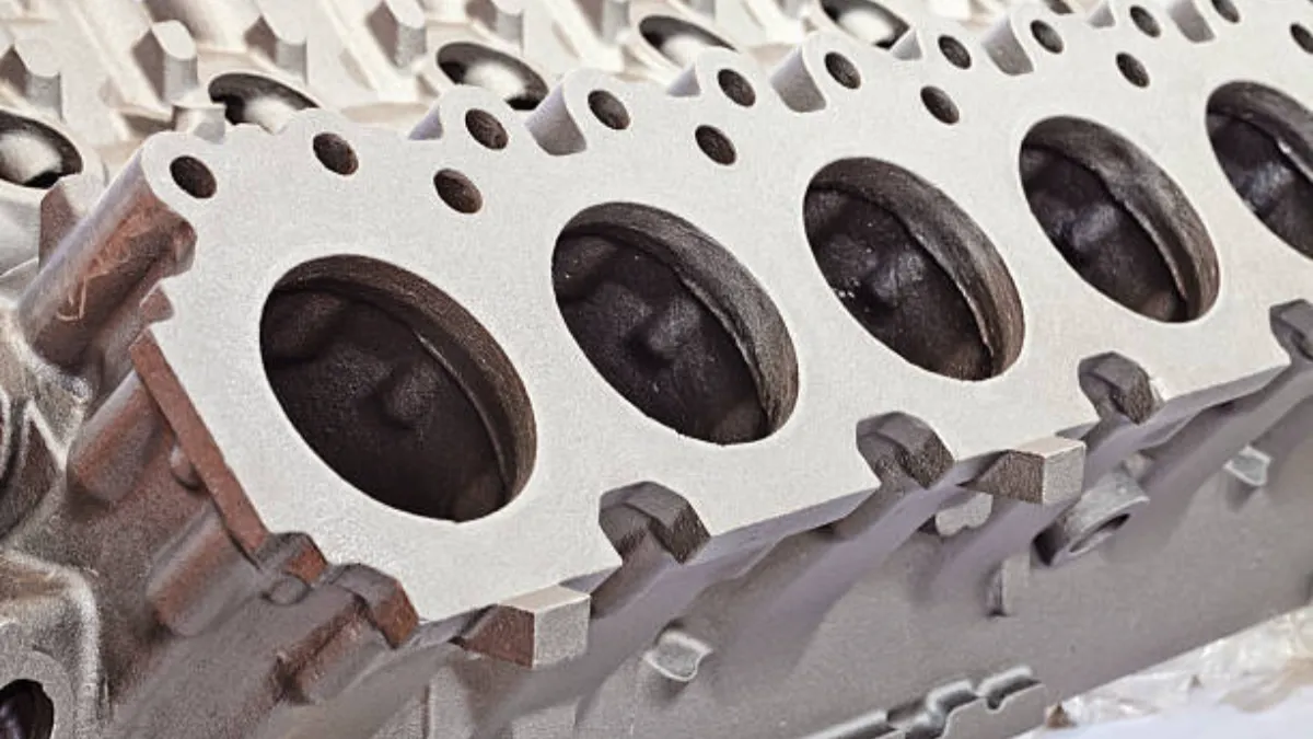 A machined engine block deck face with a row of cylinder bores and head-bolt holes