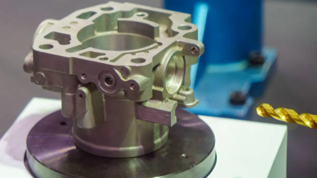 A machined aluminum die-cast housing on a fixture with drilled bores and exposed faces