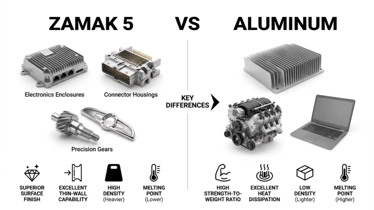 Comparison graphic of Zamak 5 and aluminum die-cast parts showing density, Wandstärke, Wärmeissipation, and melting-point differences