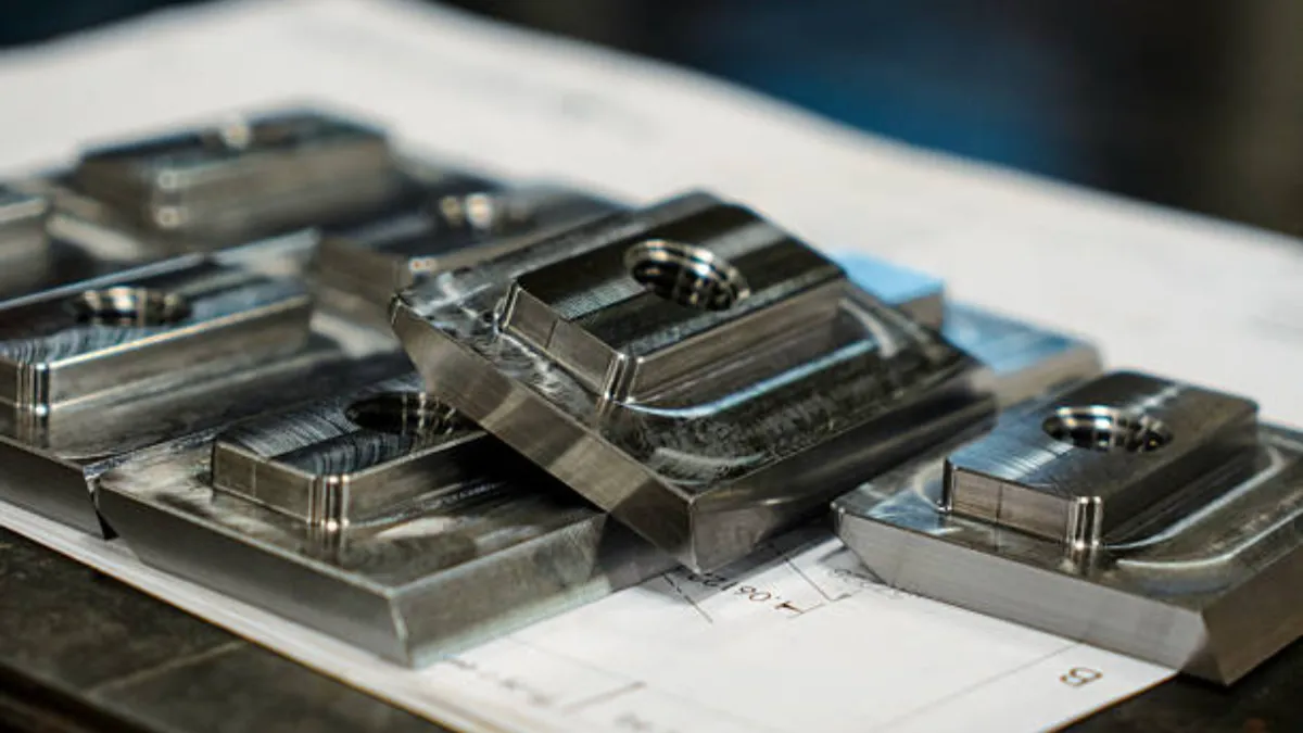 Small die cast blocks with pressed-in bushings stacked on an engineering drawing