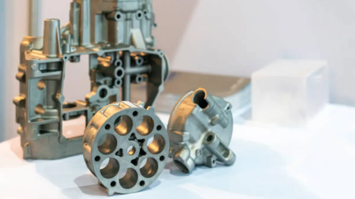 Die cast aluminum automotive housings and a circular multi-bore component on display