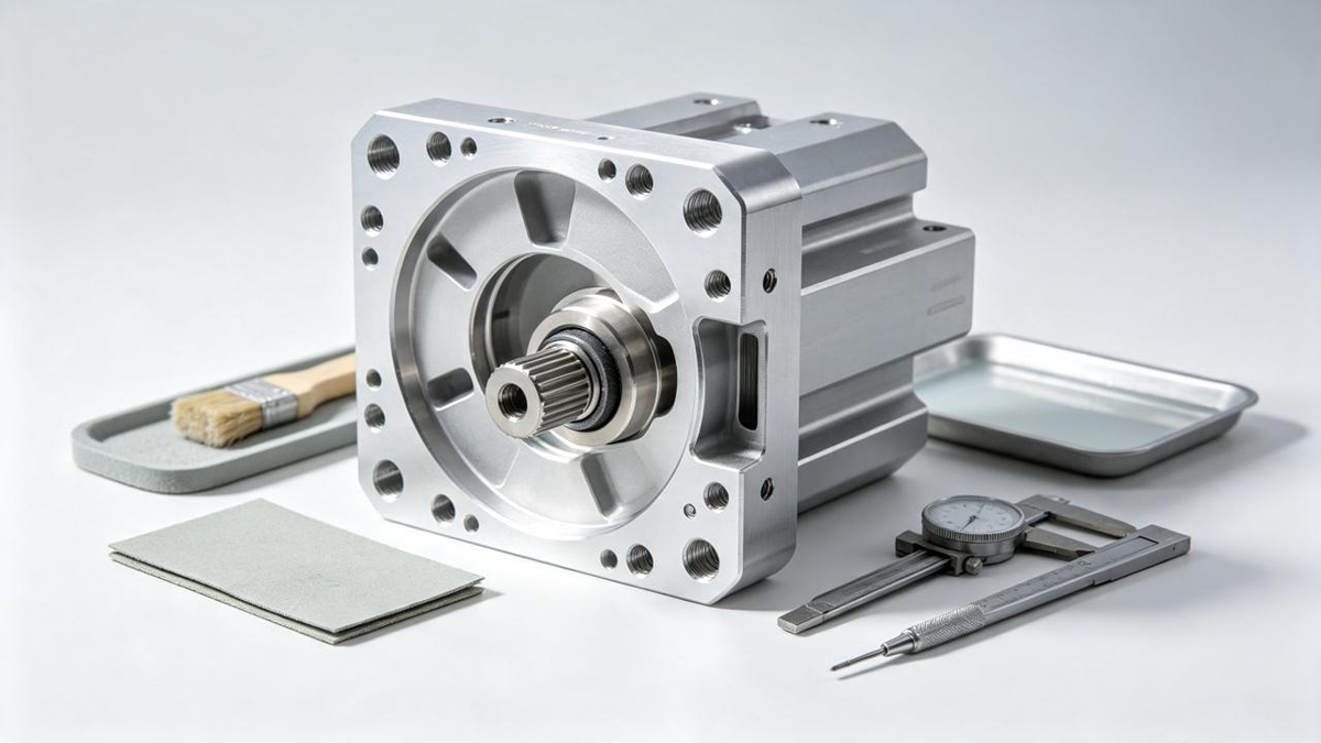 Post-machining aluminum housing with threaded bores beside dial caliper