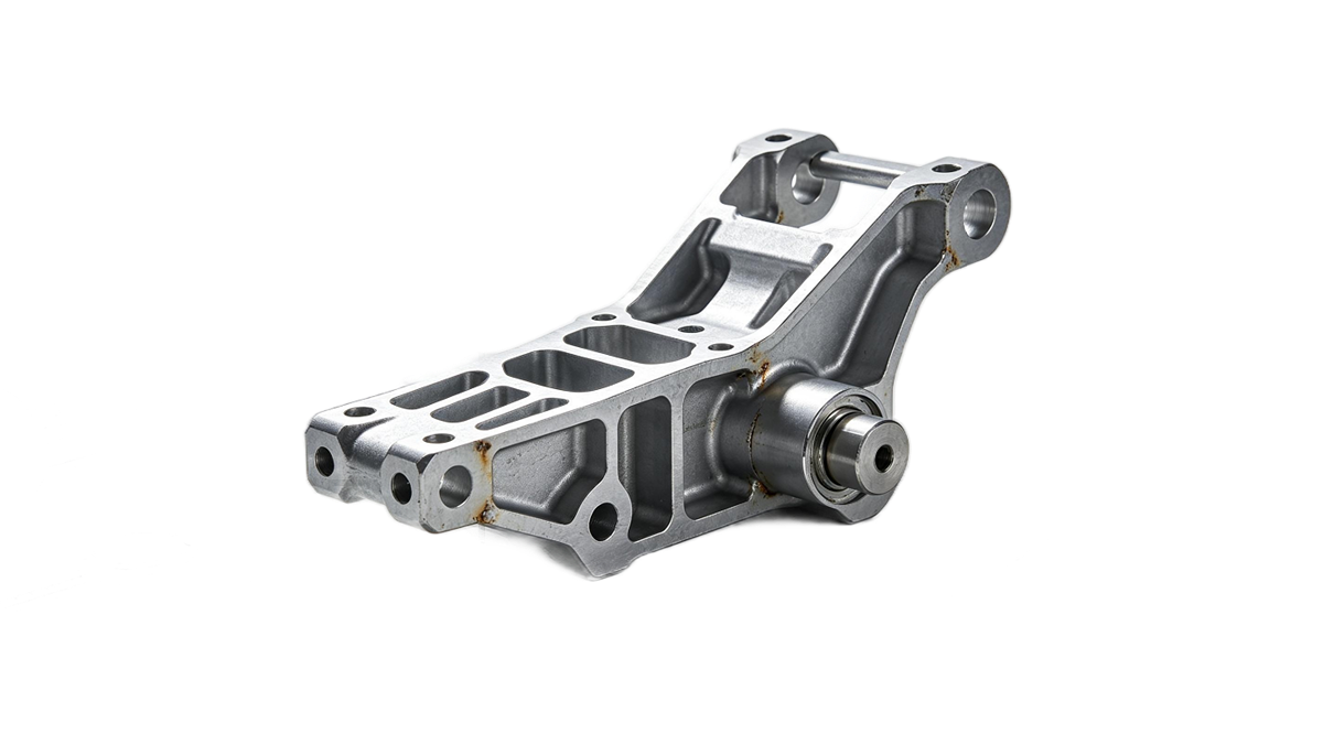 Die cast aluminum bracket with machined bosses and pressed bushings on a white background