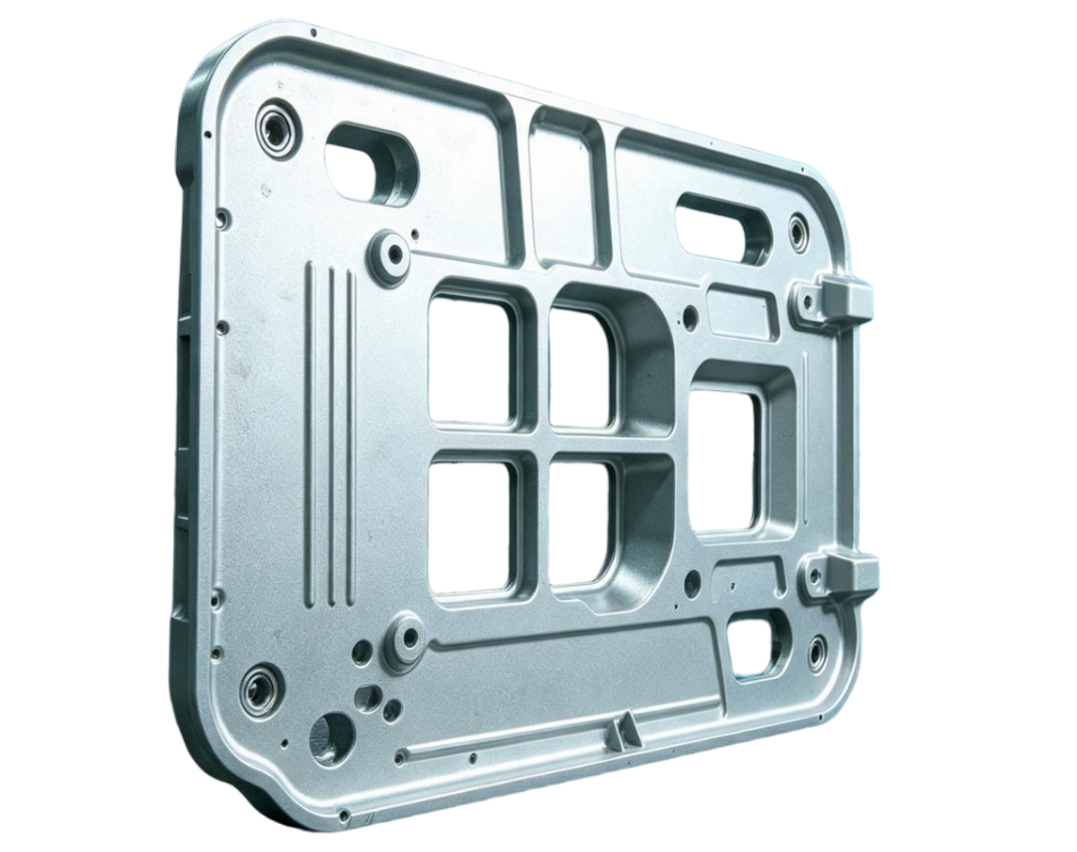 Large thin wall structural die cast tray with ribbed pockets and machined bores