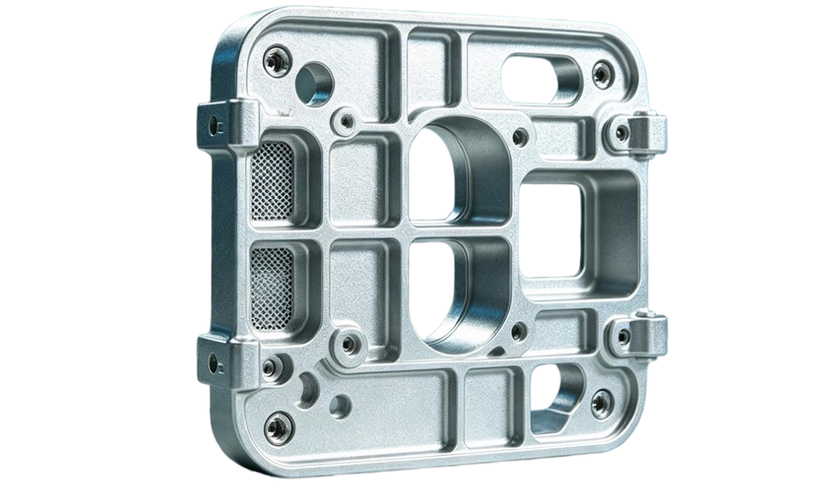 Thin-wall die cast housing with rib pockets, machined bores and mesh vent openings