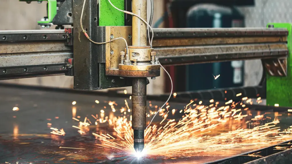 CNC plasma cutting machine slicing steel sheet with bright sparks