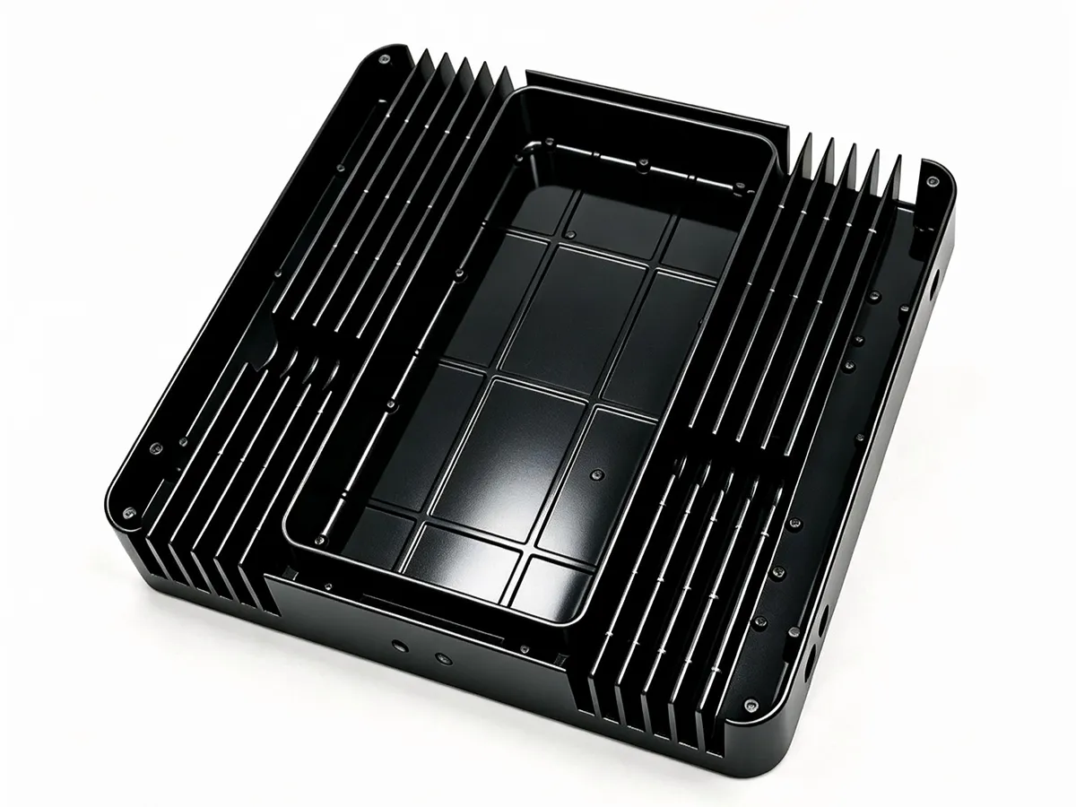 A glossy black coated die cast aluminum housing with heat-sink fins and a recessed pocket