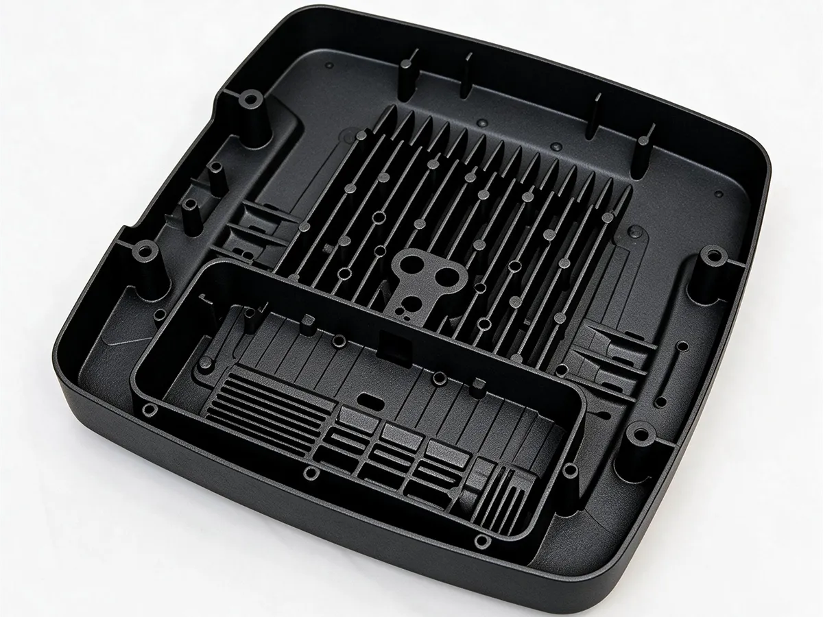 A matte black powder-coated die cast aluminum housing cover with cooling fins and mounting bosses