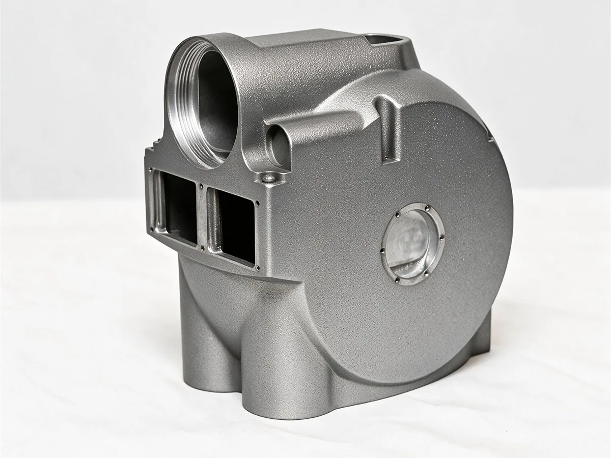 A bare sandblasted aluminum die cast housing with a threaded bore, machined faces, and a uniform matte surface