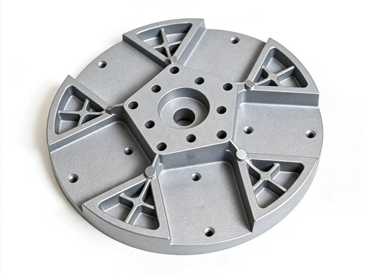 A blasted aluminum die cast disc with a uniform matte gray surface, radial spokes, and mounting holes